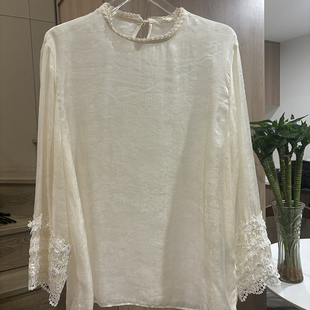 小雪家 时尚简约圆领钉珠贴花袖口珠光感防晒精致半袖上衣衬衣