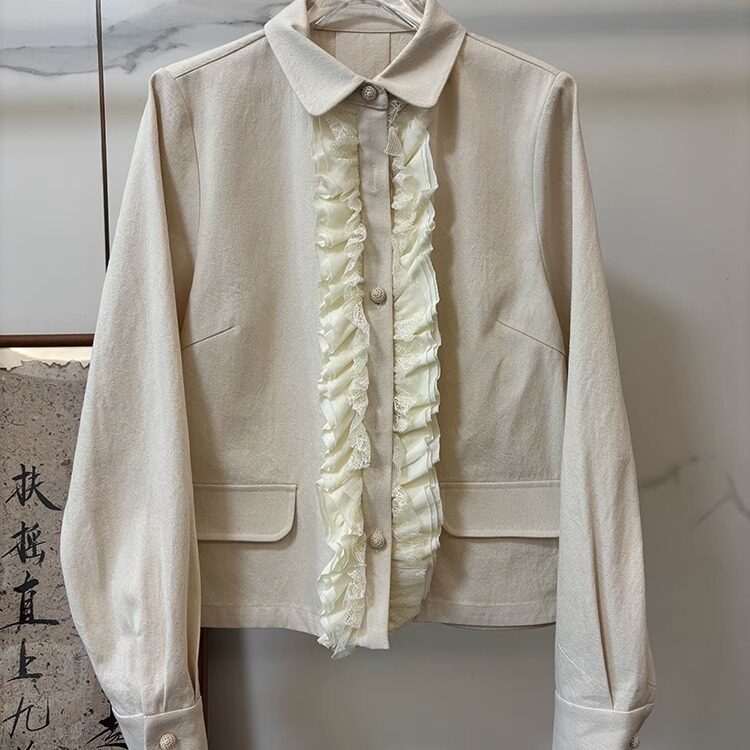 小雪家 日常简约休闲高端轻奢立领法式花边假口袋长袖上衣外套女