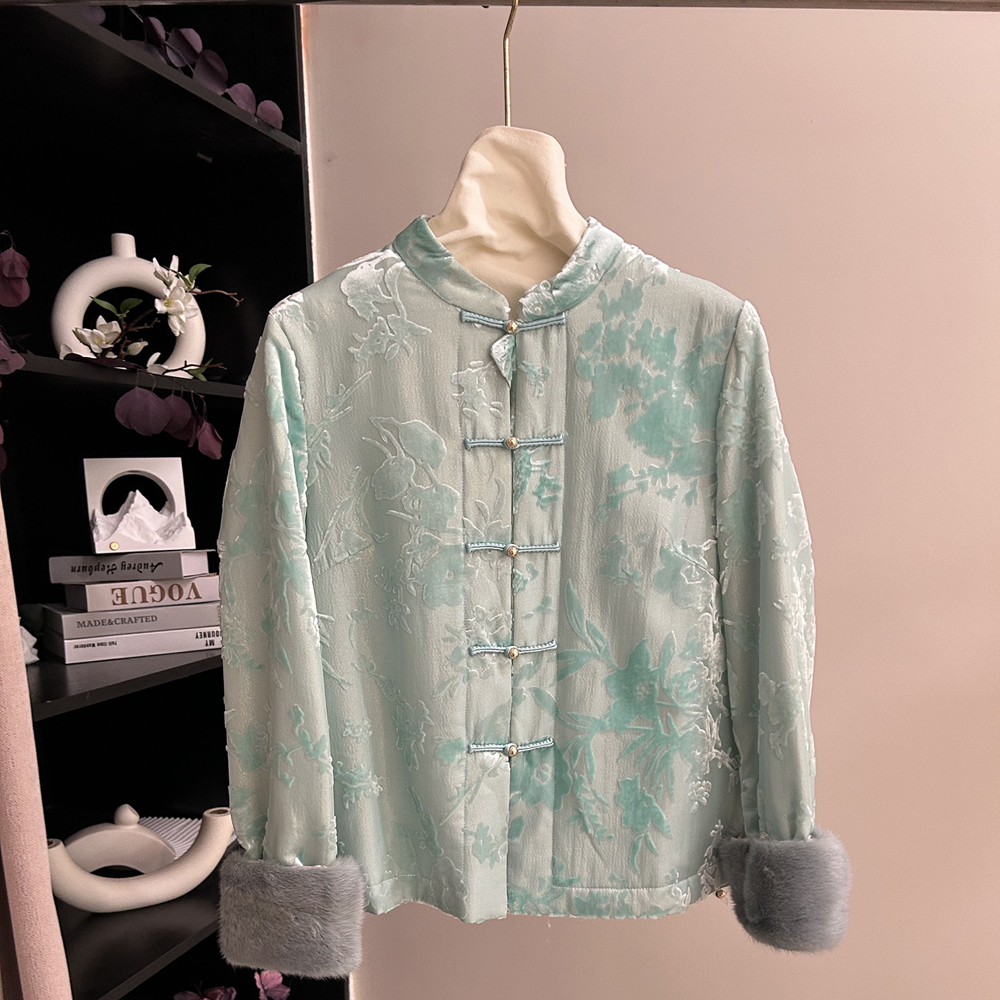 小雪家【杏雨梨花】新中式立领立体雕花夹棉拼接水貂毛上衣外套