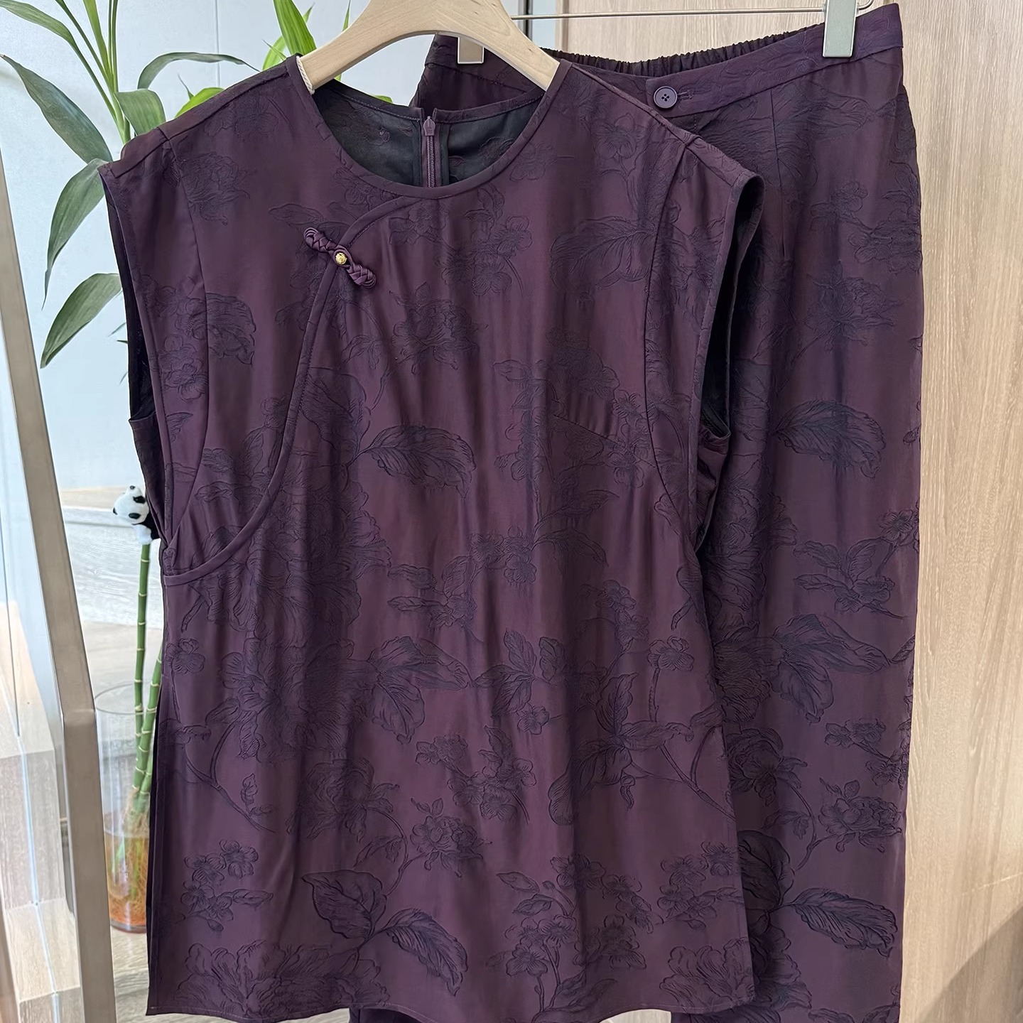 小雪家 高贵紫罗兰 柔和稳重桑蚕丝香云纱圆领短袖+松紧腰裤套装