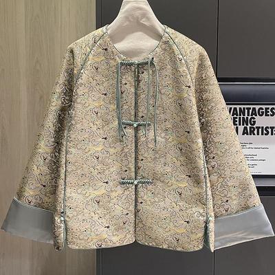 晚香玉 气质蓝灰撞色新中式真丝宋锦圆领盘扣流苏国风夹棉外套女