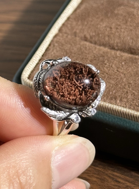 风景如画 天然红幽灵全包裹戒指925银镶 高净玻璃体