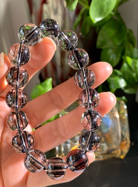 天然黑发晶手链男女款手串13mm 纯白体板钛黑发