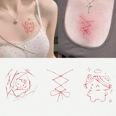 可爱小猫咪蝴蝶结HelloKitty线条纹身贴仿真胸口手腕遮疤防水贴纸