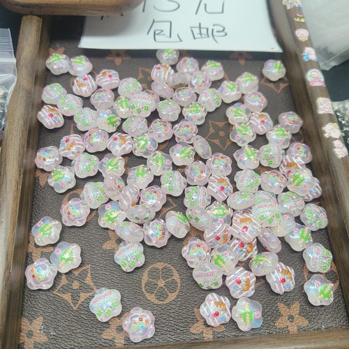 双面浮雕印花珠竖通孔diy手机链配件