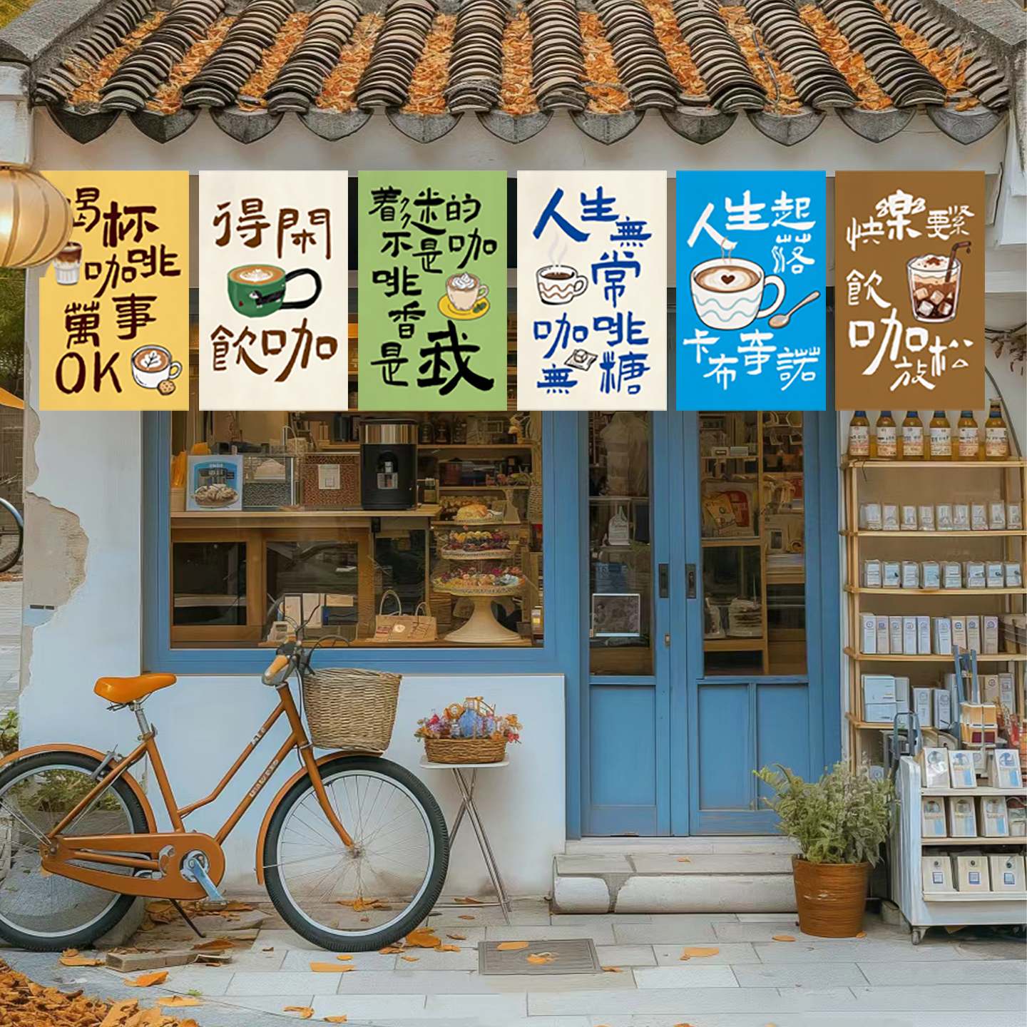 咖啡馆商用店铺门头帘装饰短帘三角旗帘隔断帘遮丑帘摆摊文化挂帘