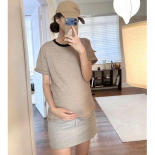 T恤宽松显瘦百搭设计感棉质怀孕上衣 韩系条纹圆领短袖 孕妇装 夏季