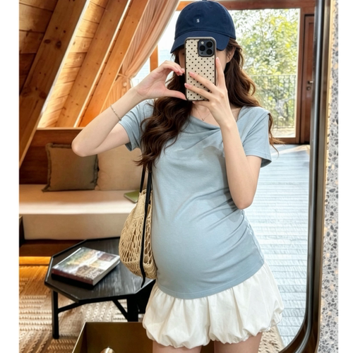 孕妇设计感短袖上衣夏季新款时尚两穿一字肩t恤衫百搭休闲