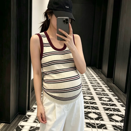 孕妇装2026条纹U领针织背心女夏季新款时尚修身显瘦小个子