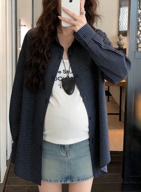 小个子孕妇装早春新款时尚蓝色格子纯棉衬衫外穿防晒外套polo领