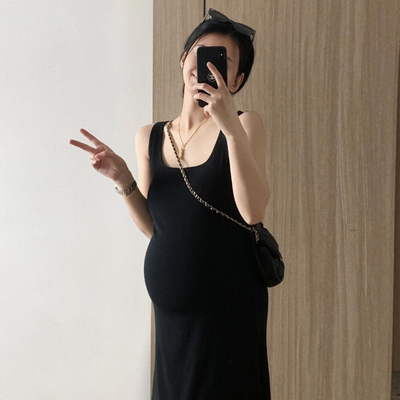 胸垫孕妇连衣裙夏季款时尚黑色春秋打底裙中长款背心裙百搭小个子