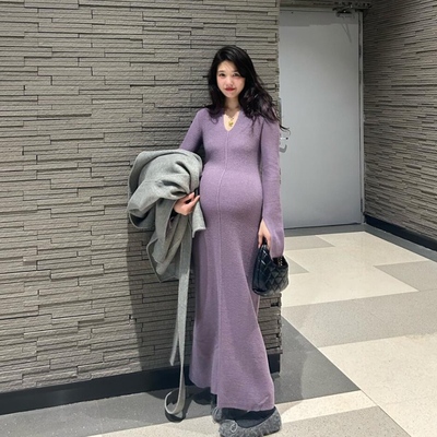 孕妇装秋冬新款时尚针织连衣裙纯色修身显瘦包臀长裙子打底连衣裙