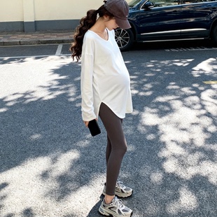 不规则开叉中长款 小个子孕妇秋冬款 白色上衣 打底衫 高品质u领长袖