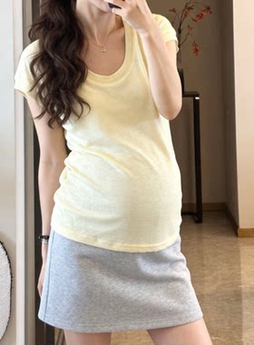 ins风小个子孕妇夏季马卡龙颜色百搭U领显瘦小飞袖T恤短款打底衫