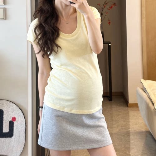 ins风小个子孕妇夏季马卡龙颜色百搭U领显瘦小飞袖T恤短款打底衫
