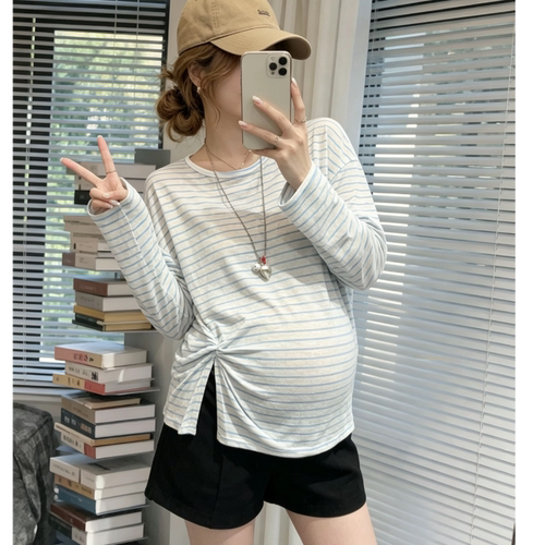 孕妇装2026夏季新款时尚圆领条纹防晒长袖T恤衫简约扭结设计上衣