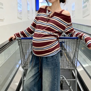 打底衫 小个子孕妇2025秋季 复古条纹一字肩吊带长袖 美式 上衣ins 款
