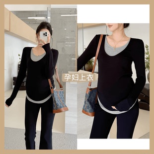 打底衫 孕妇装 T恤秋冬百搭上衣修身 磨毛加厚撞色假两件长袖 2025款