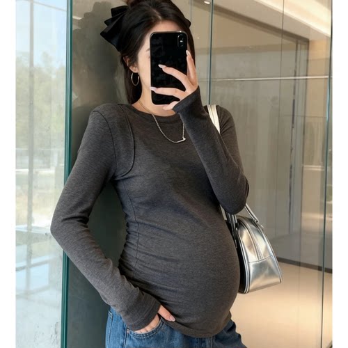 孕妇长袖圆领打底衫春秋内搭显瘦时尚款百搭修身秋冬外穿加绒上衣