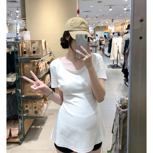 孕妇装夏季新款u领正肩T恤裙掐腰设计显瘦下衣消失上衣短袖中长款