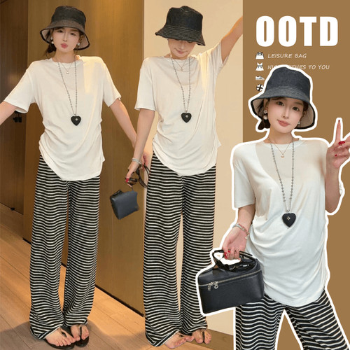 小个子孕妇套装夏季簿款圆领短袖上衣休闲托腹阔腿裤外穿两件套