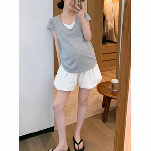 小个子孕妇套装时尚花苞短裤夏季薄款托腹有调节假两件短袖T恤衫