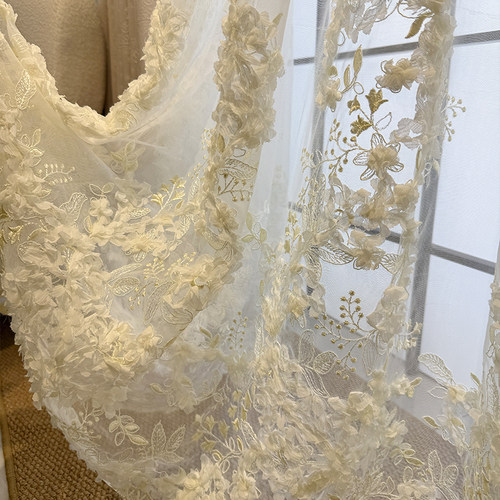 嫁纱新款高端法式浪漫美式轻奢花朵花瓣拖尾落地卧室客厅刺绣窗纱