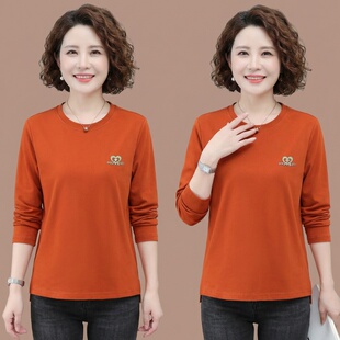 纯棉长袖t恤女中年妈妈圆领打底衫50岁春装女款打底衫内搭上衣女