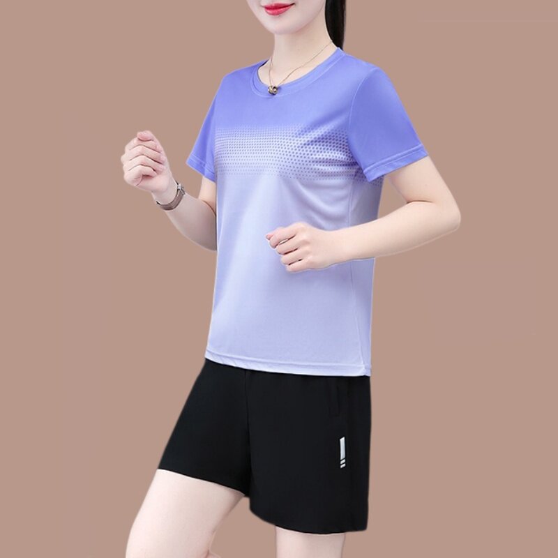 冰丝速干运动套装女夏季短袖短裤跑步休闲薄款两件套中年妈妈夏装