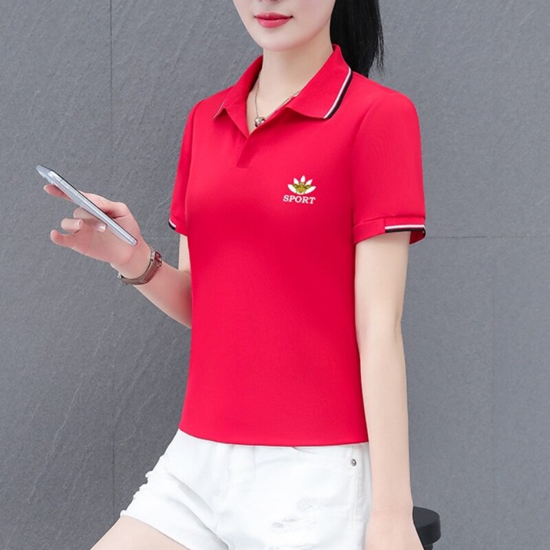 纯棉POLO衫女短袖T恤夏季翻领刺绣宽松时尚妈妈小个子休闲夏装女