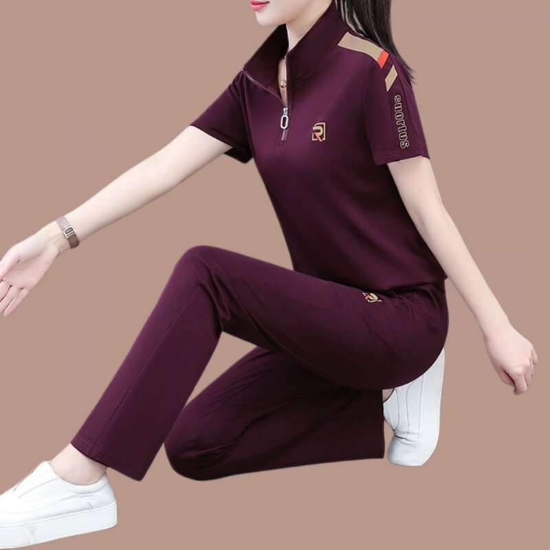 中年妈妈运动套装女夏季短袖立领两件套休闲跑步服透气薄款夏装女