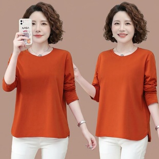 中年妈妈春款圆领纯棉长袖T恤女士内搭宽松纯色春装上衣2026新款