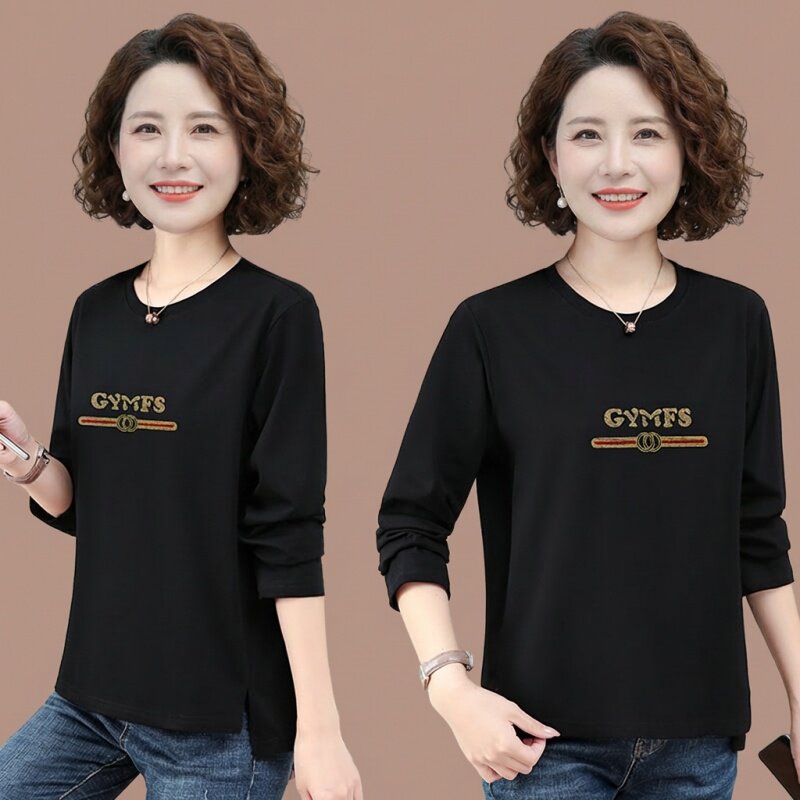 50多岁妈妈女士长袖t恤纯棉圆领春装内搭打底衫时尚洋气2026新款