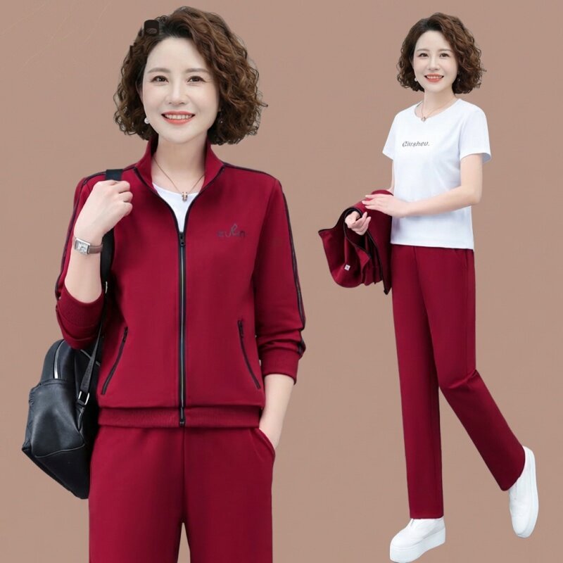 春季运动服套装女休闲短袖T恤开衫卫衣外套长裤时尚搭配三件套女