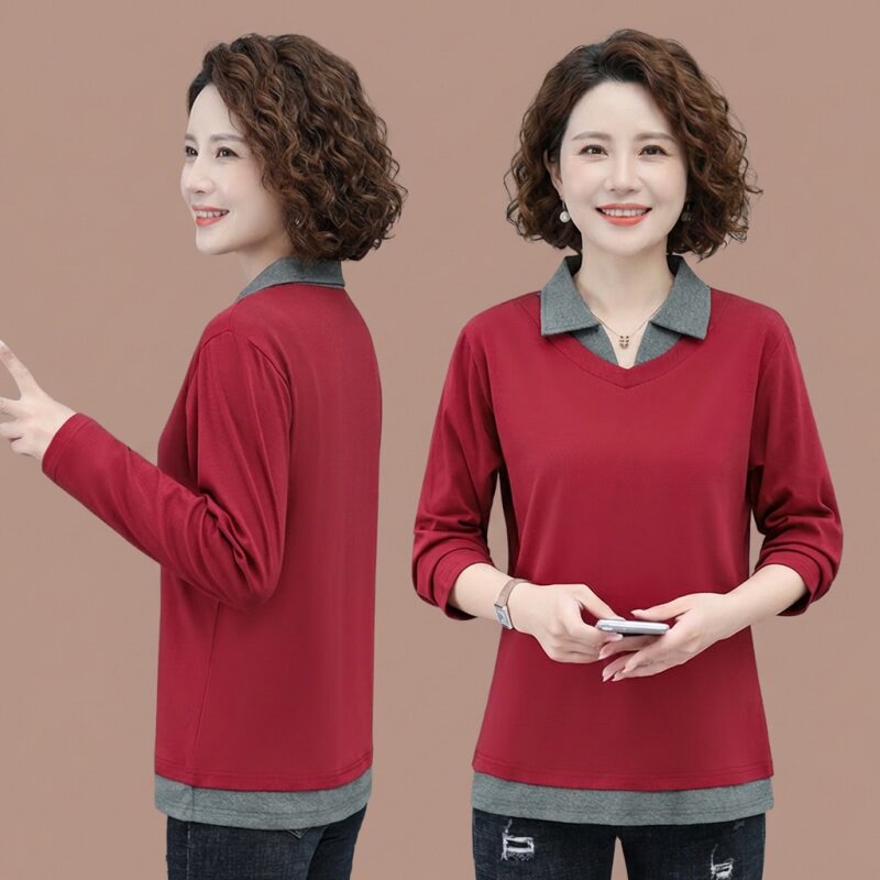 春秋季中年妈妈POLO衫长袖翻领纯棉T恤打底衫2026新款春装上衣女