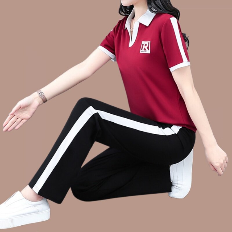 翻领短袖运动套装女休闲广场舞两件套洋气减龄显瘦中年妈妈夏装潮