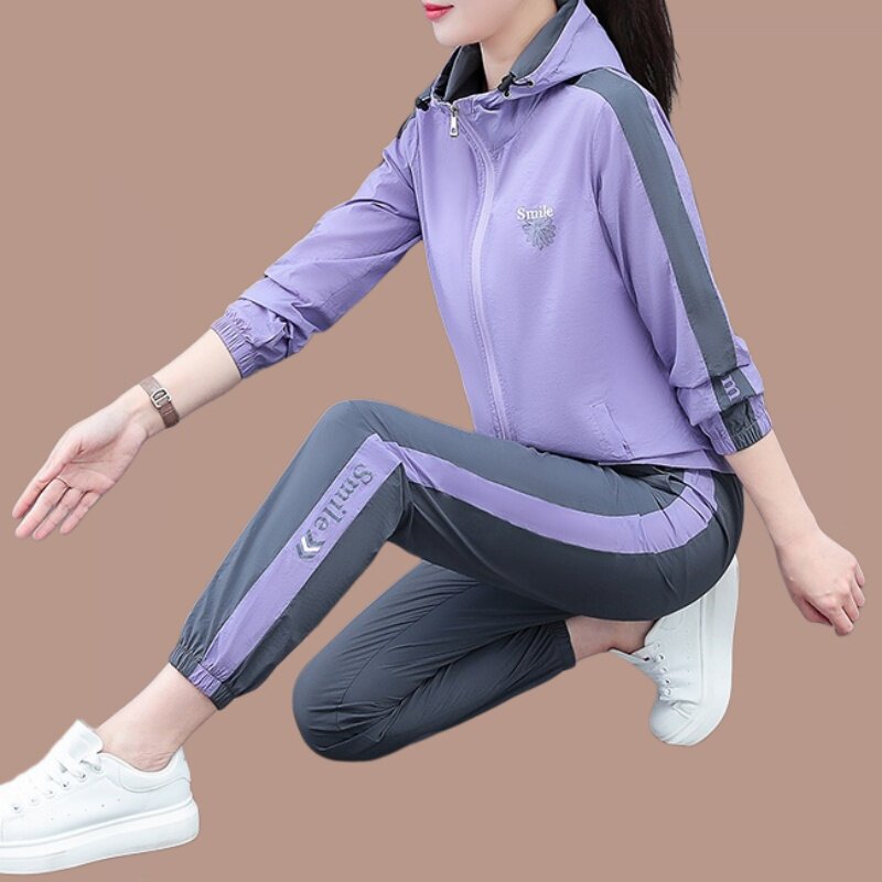 休闲运动套装女春季防晒两件套宽松显瘦长袖长裤大码中年妈妈夏装