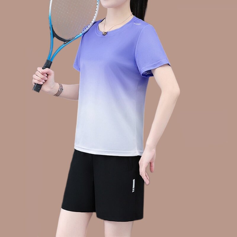 运动套装女2026新款短袖短裤户外速干透气减龄中年渐变妈妈两件套