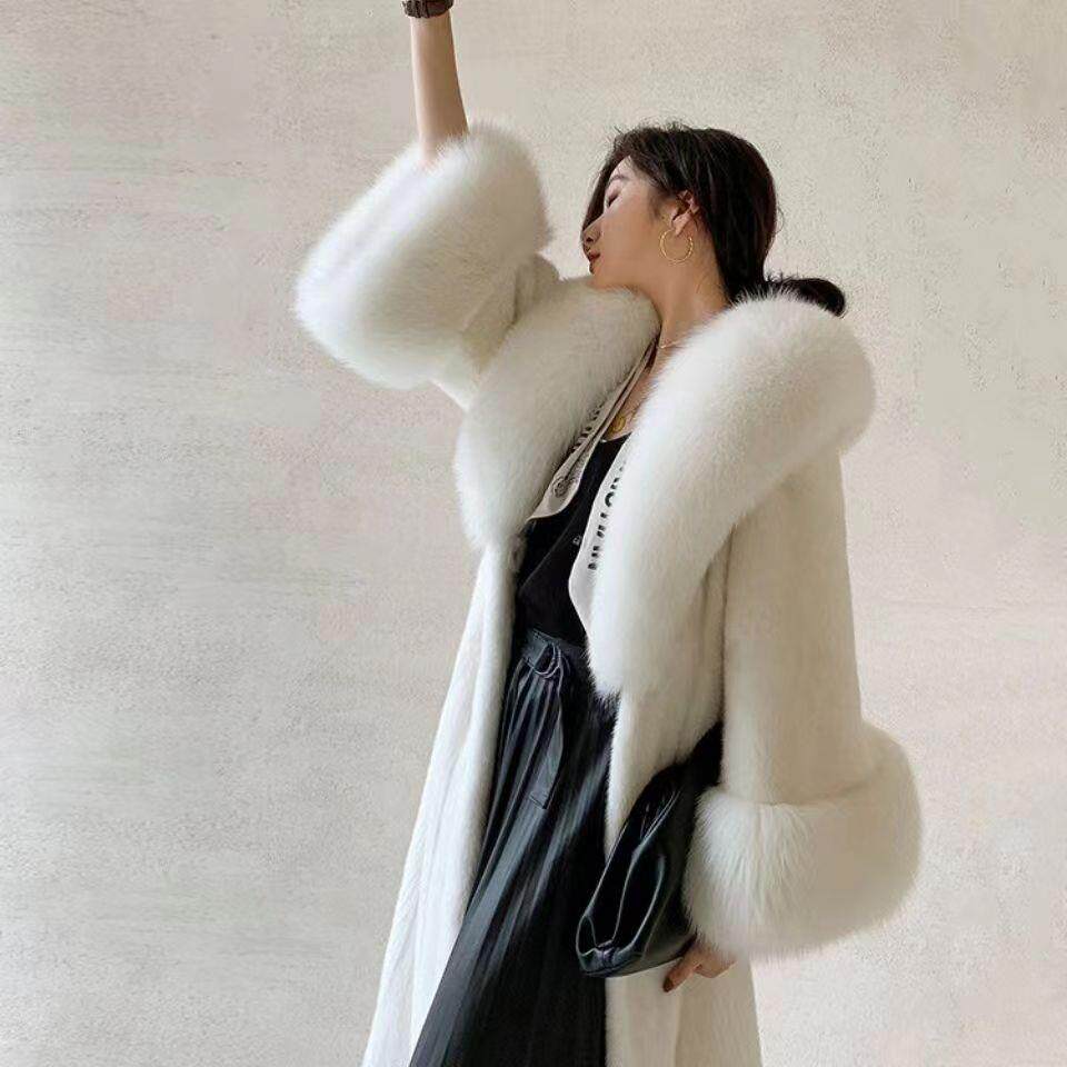 貂皮大衣女中长款秋冬季水貂绒仿皮草狐狸毛领女显瘦新款大码加厚