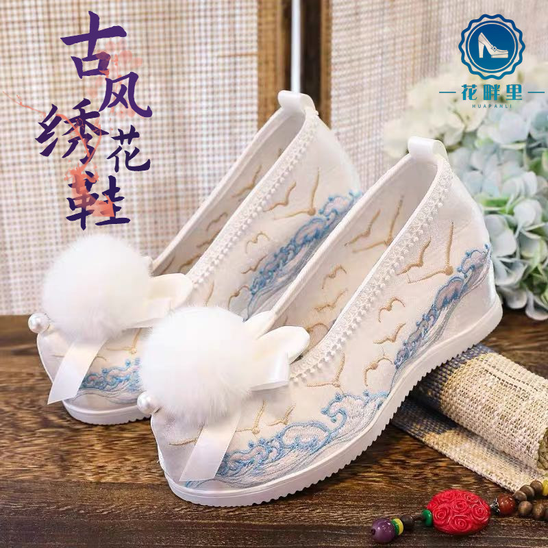 春季毛球汉服鞋女明制绣花鞋古风淡雅古装鞋子内增高翘头鞋高跟配