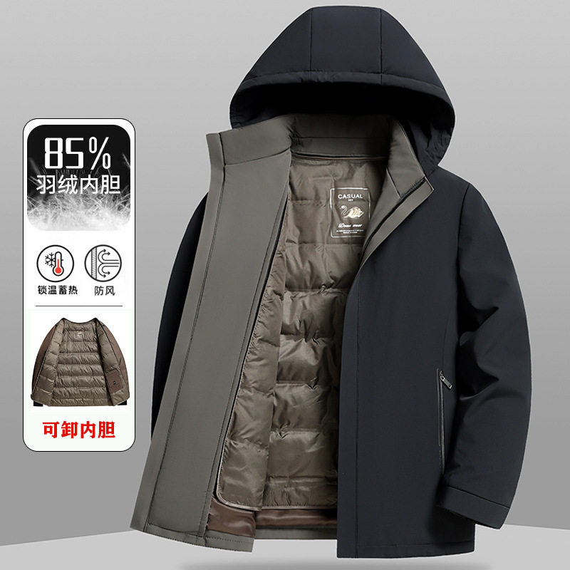 2025年男士羽绒服男式脱卸内胆轻薄中长款中老年户外休闲爸爸装男