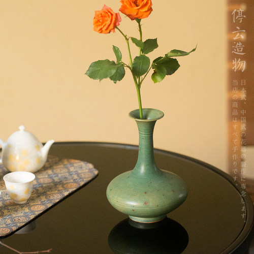 侘寂手工粗陶花瓶中式花器长颈瓶