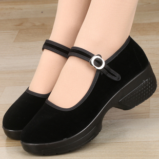 老北京布鞋女软底舞蹈鞋中跟黑色工作鞋酒店防滑厚底广场舞跳舞鞋