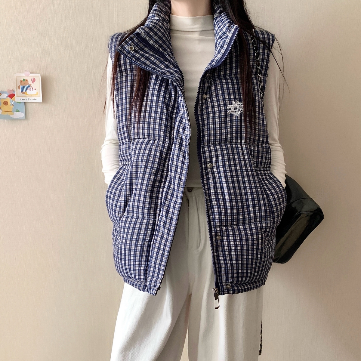 大码女装2025秋冬新款格子棉马甲