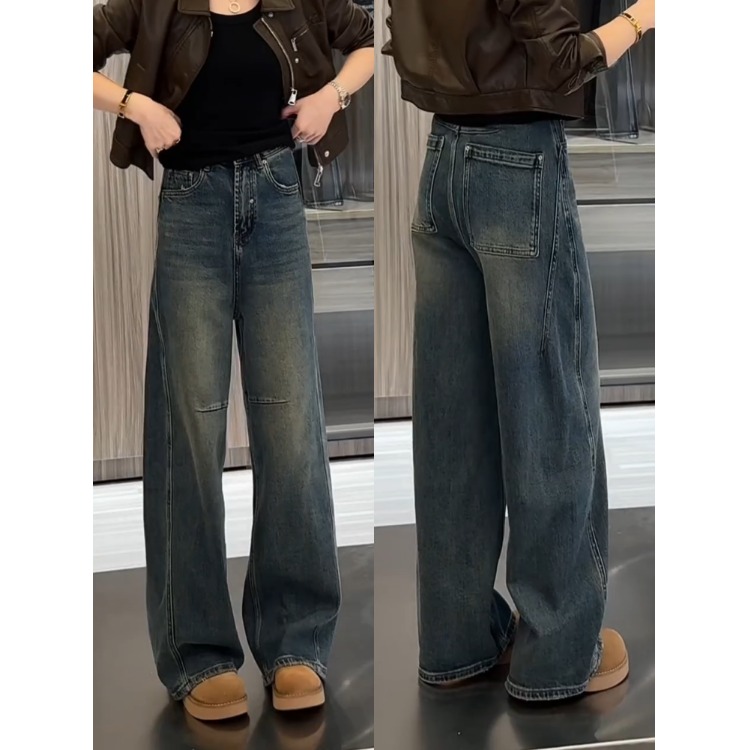 大码复古蓝阔腿牛仔裤女