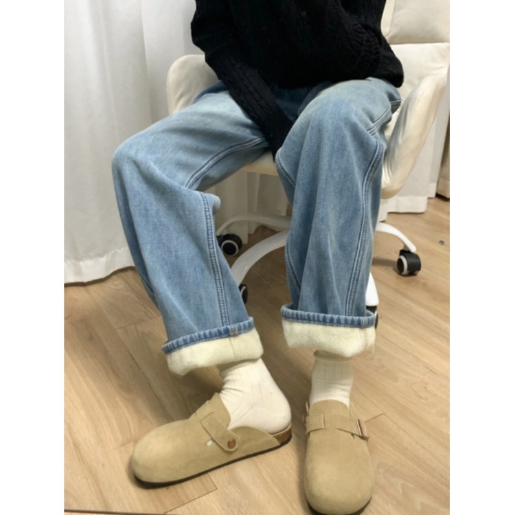 大码窄版直筒加绒牛仔裤女