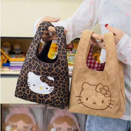 可爱秋冬豹纹麂皮KT刺绣手提包秋冬外出毛绒日常通勤拎包百搭包