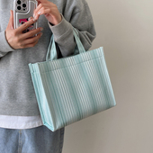 手提包手拎包单肩包文艺包资料袋休闲包新款 大容量便当包竖条纹