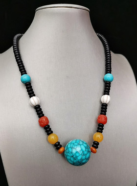 天然原矿绿松石网花圆珠简约气质锁骨链挂坠民族风男女款串珠项链