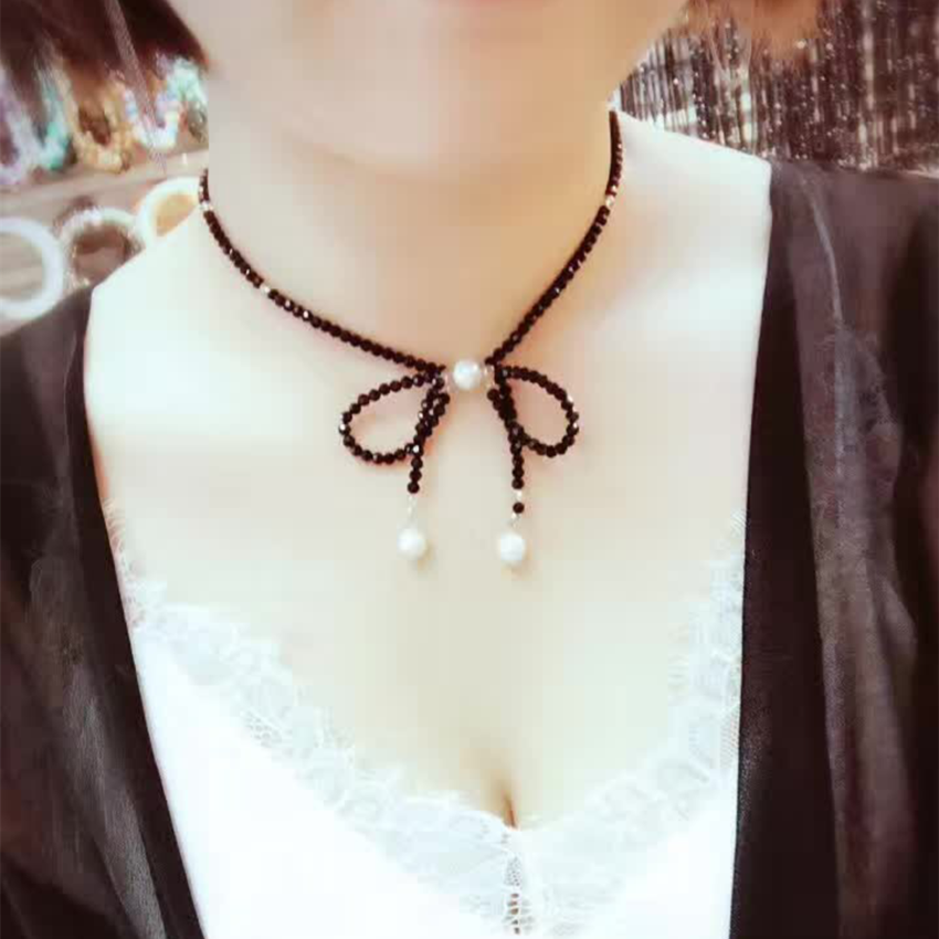 日韩版颈链蝴蝶结珍珠贝珠水晶项链脖链挂饰品锁骨链短款项圈吊坠